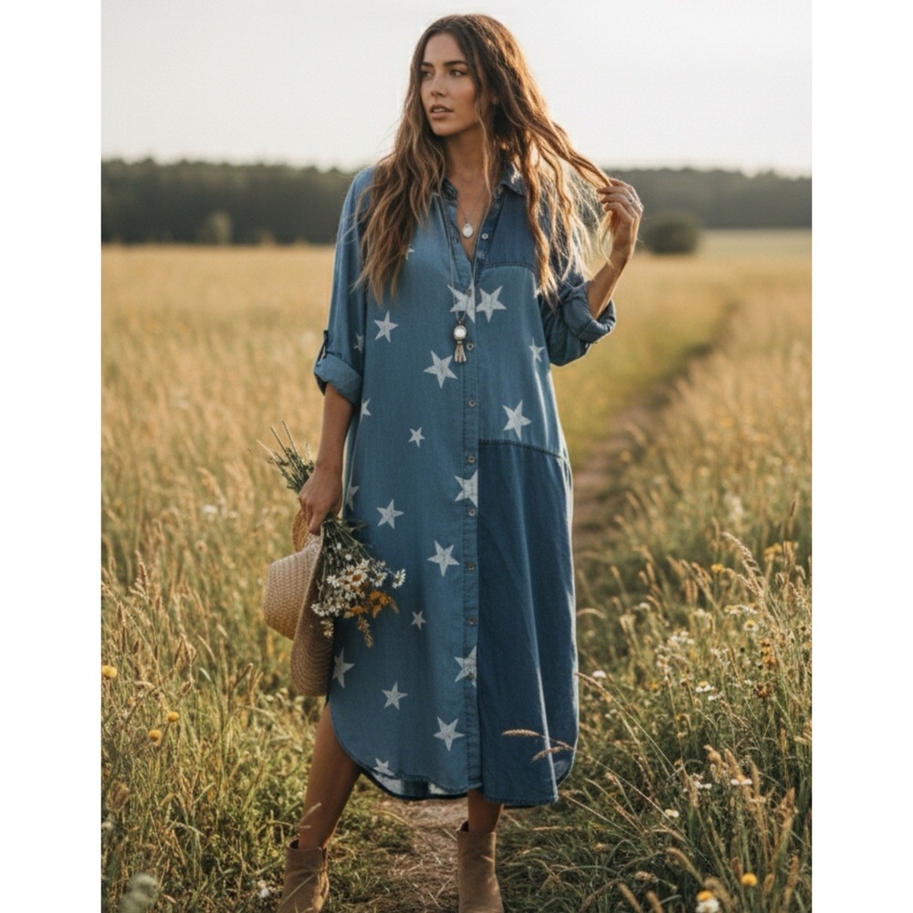 NT By Amati Made in Italy  Star Print Denim Viscose Long Shirt Dress Sz Os